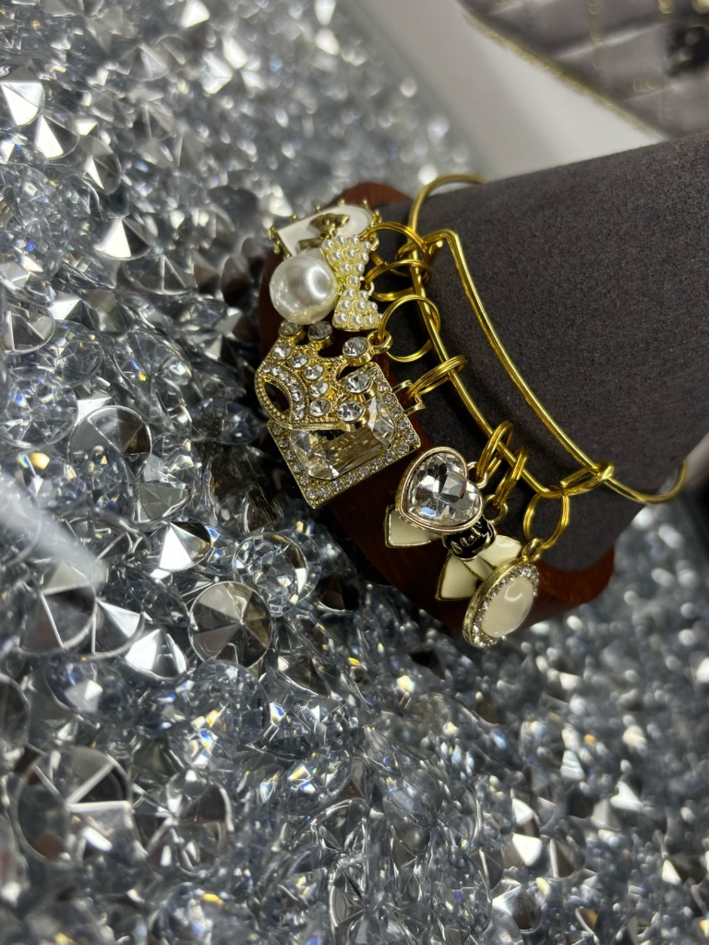 Gold Tone Charm Bangle Bracelet with Crystal & Pearl Accents - Picture 4 of 7